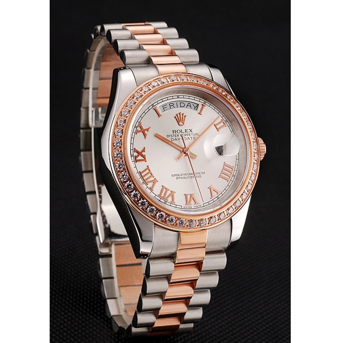 Good Copy Rolex Watches Day-Date Diamonds Steel Bezel Rolex And 1454108 Swiss Gold Staineless Dial Bracelet White Rose 0702